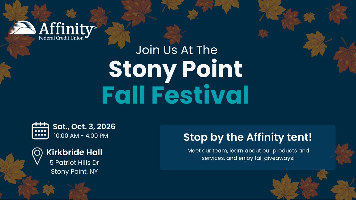 AffinityFCU's tweet photo. Affinity’s Stony Point Branch is proud to sponsor the 2026 Stony Point Fall Festival! 🍂
Stop by our tent for fall giveaways and a chance to win an exclusive raffle basket! 💙
#AffinityFCU #StonyPoint https://t.co/k8pAw4uXUQ