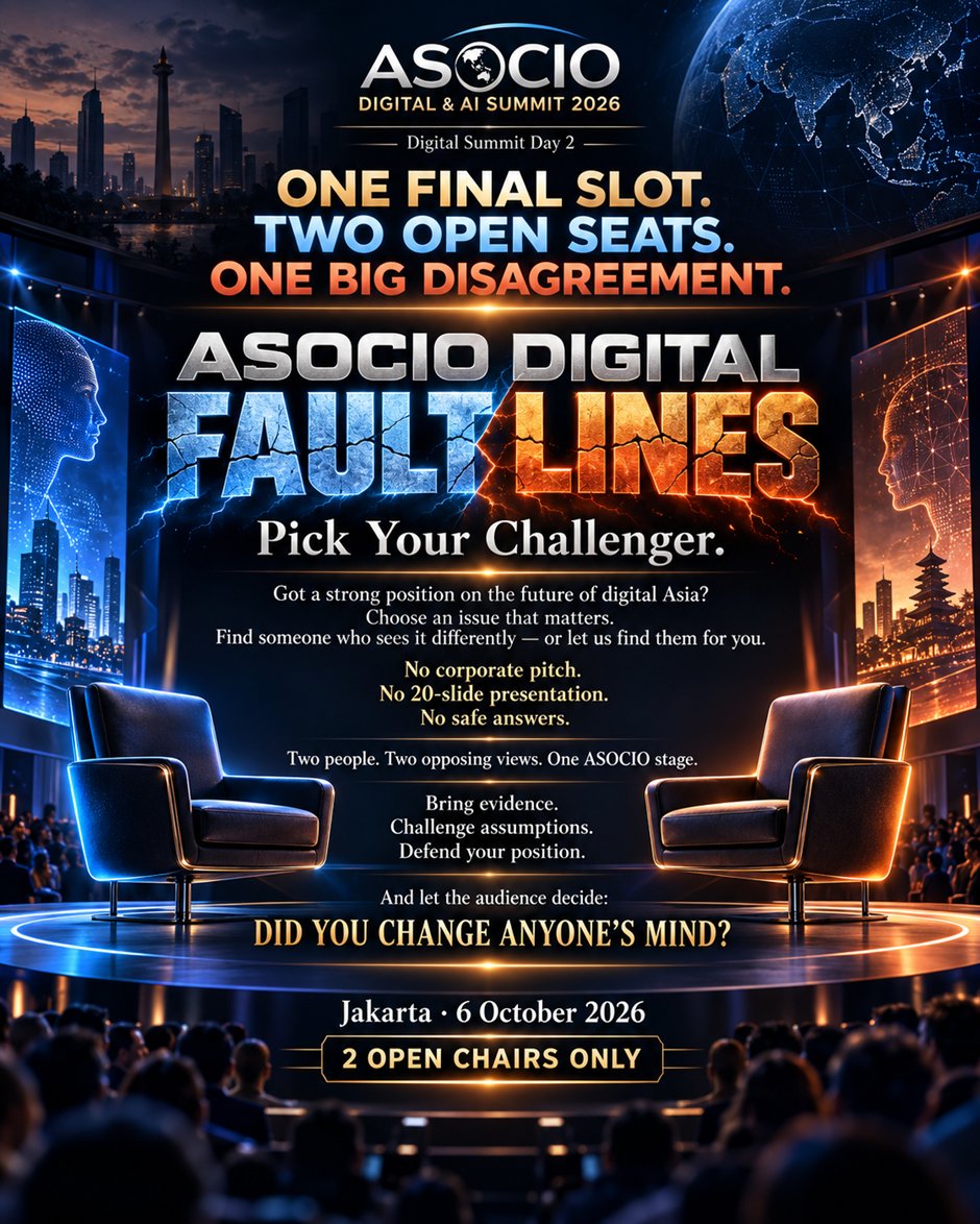 koreatechdesk's tweet photo. Two seats. 
Two opposing views. 
⚡ Asia’s digital fault lines are heading to a live debate on Oct. 6.

Nominations close Oct. 1. 
Who belongs in those chairs? Reply below. 👇

More on the event:
https://t.co/MjtbcsviyY

#DigitalAsia #AIGovernance #AsiaTech #AsiaTechEvent #ASOCIO https://t.co/m7EW4M7RFw