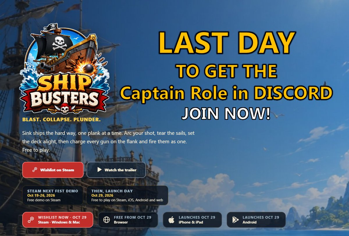 ShipBustergame's tweet photo. 🏴‍☠️ LAST CALL, CAPTAINS!

Today is your LAST DAY to claim the Captain role in the Ship Busters Discord! Get a private beta key and play THIS WEEK. ⚓💥

Join now before time runs out:
https://t.co/17trN52cyj

#ShipBusters #IndieGame https://t.co/kZRKDsckTc