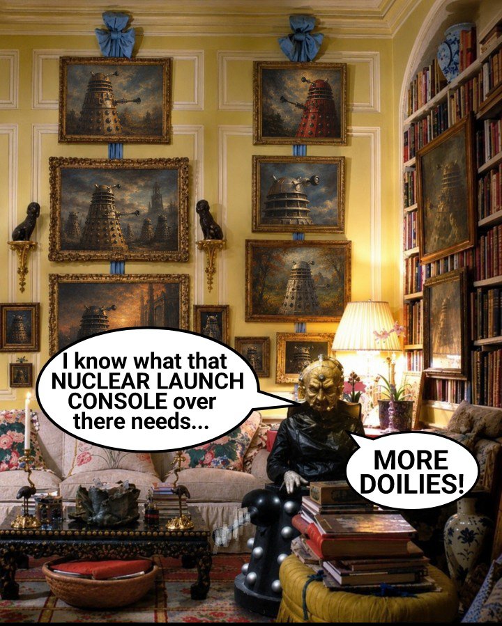 OgronThe's tweet photo. DAVROS is livid because the spiteful EMPEROR DALEK has just DOXXED him online!
But me thought everyone already knew that Davros lives in the BASE GRANNY ANNEXE...? 🤷‍♂️ https://t.co/Av0CvcrefF