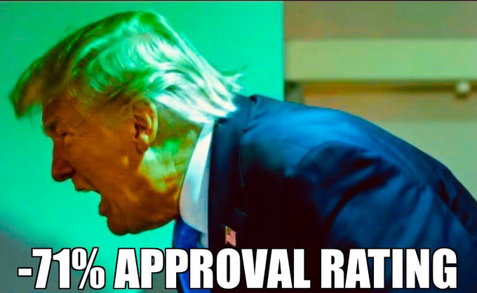 A photoshopped meme image of Donald Trump appearing to cough or gag, with a '-71% APPROVAL RATING' caption in white text at the bottom.