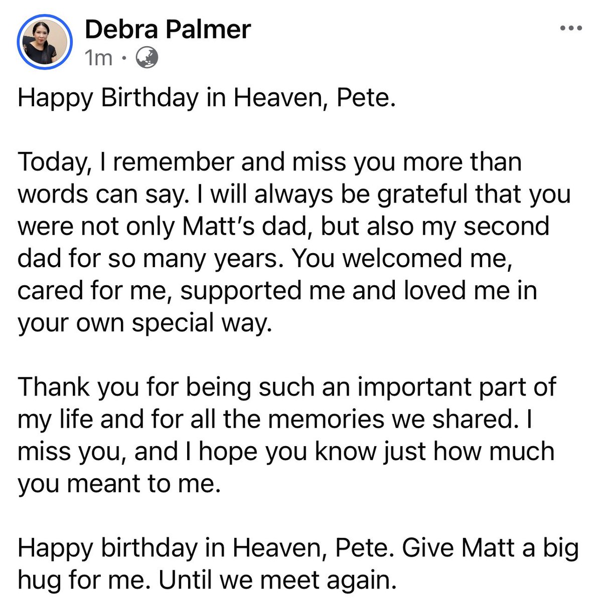 palmerdebra's tweet photo. Happy Birthday in Heaven, Pete.
#HappyBirthdayInHeaven #MissYou #ForeverInMyHeart #SecondDad #UntilWeMeetAgain https://t.co/LR61890MQT