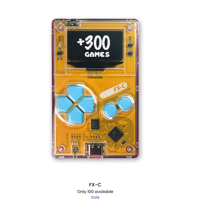 A product image of a transparent orange handheld gaming device labeled 'FX-C' with a screen displaying '+300 GAMES', d-pad, and action buttons, with text below stating 'Only 100 available' and a 'Sale' indicator.