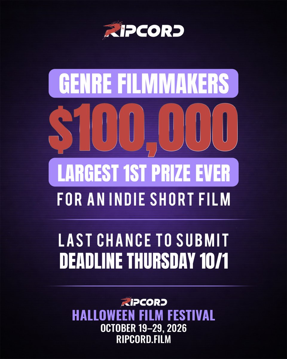 RipcordFilm's tweet photo. Submissions are soaring with only 2 DAYS LEFT to enter to win the largest cash prize EVER. The Ripcord Halloween Film Festival is rewarding the next great short—and the next great filmmaker— with $100,000! Genre shorts only, horror/sci-fi/thriller/fantasy. https://t.co/wb8na0uUrX https://t.co/SJl1cpOF4L