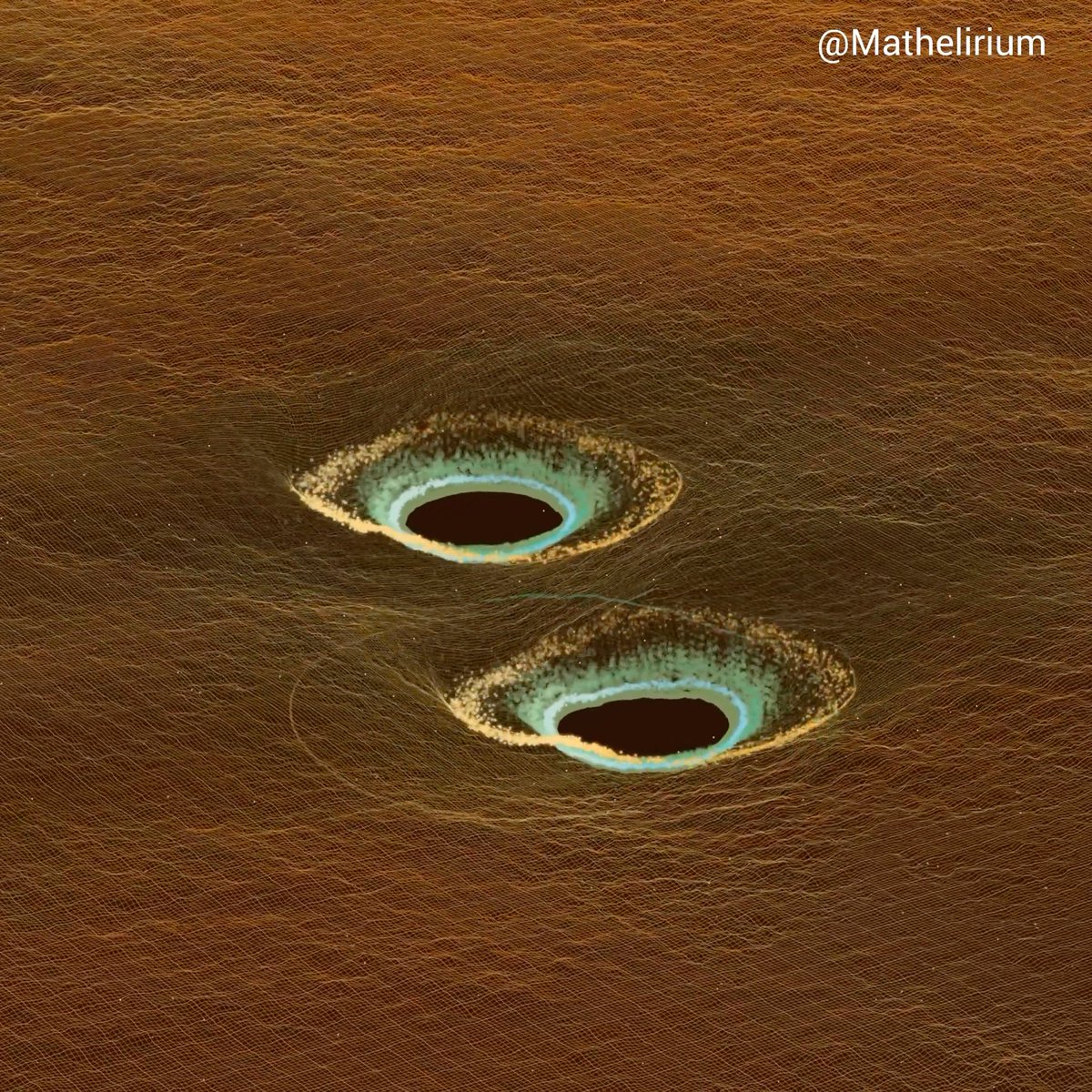 A mathematical visualization showing two oval-shaped openings with iridescent glowing edges on a brown textured surface, with the watermark '@Mathelirium' in the top right corner.