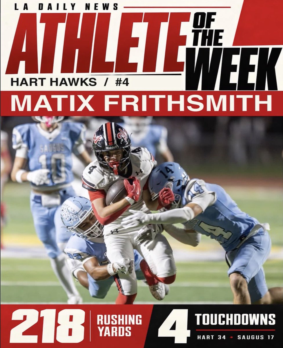 MatixFS16's tweet photo. Honored to be named LA Daily News Athlete of the Week. Another milestone, but the goals remain the same.  

@ladailynews @EthanAHanson @latimessports @latsondheimer @Tarek_Fattal @SGVWhitSports @HartHSFootball @coachgoose54 https://t.co/BP931jbcMD