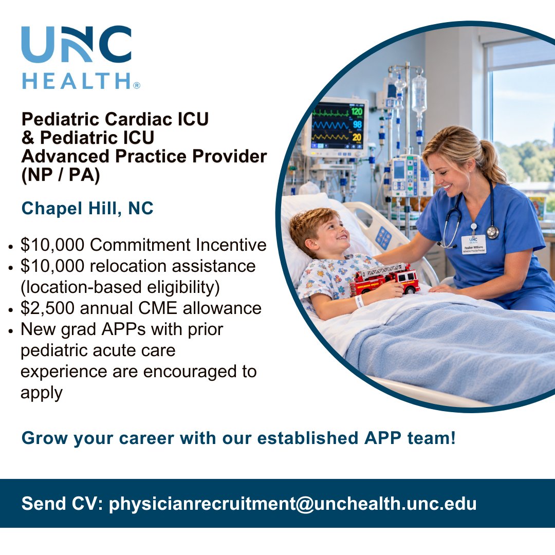 UNCPhysRecruit's tweet photo. UNC Health seeks Advanced Practice Providers to join our Pediatric Cardiac Intensive Care Unit (PCICU) and Pediatric Intensive Care Unit (PICU).  Please contact Joshua Cosby for additional information.

https://t.co/jzSc64FAOf

#PCICU #PICU #AdvancedPracticeProviders https://t.co/6yKklUbpp2