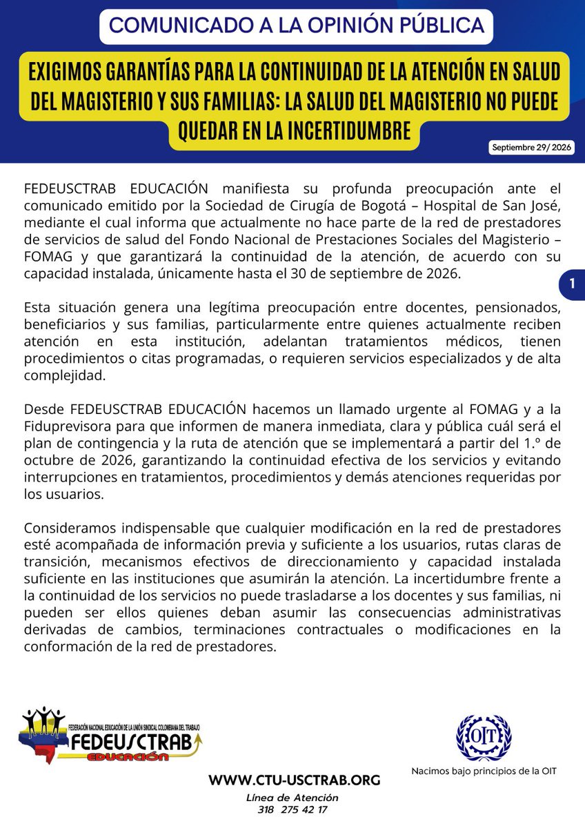 usctrab's tweet photo. Comunicado a la opinión pública: “La salud del magisterio no puede quedar en la incertidumbre“ @Supersalud @MintrabajoCol @Mineducacion @MinHacienda @FomagOficial @Fiduprevisora @lafm @RedMasNoticias https://t.co/W1A6uZ4emB
