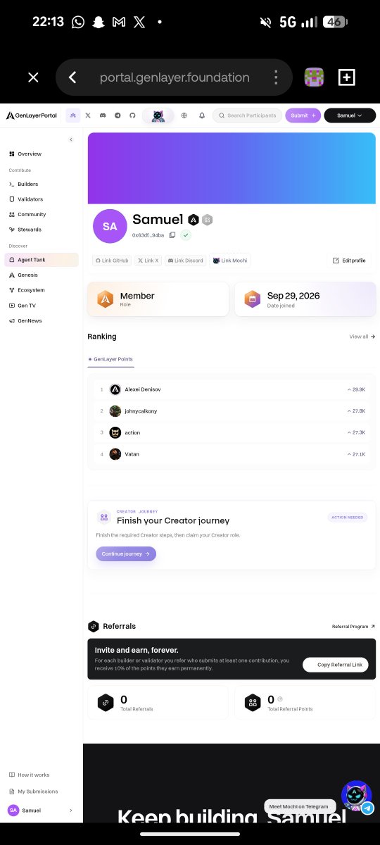 Samueal01's tweet photo. Nobody gets paid for the week they meant to work. They get paid for what was on the sheet when the cutoff hit.

That is the simplest way I can explain how points work on the @GenLayer Portal, and I only opened it today.

The sheet is your account. You link X, Discord and GitHub, then put work on it: an open mission, a contest, or a builder submission. Each one is a tracked contribution, and the Portal shows exactly what it was worth, like a payslip.

The cutoff is Sunday at 11:59 PM UTC. Builder points and community points earned that week convert into GLP right then, and the standings move with every conversion. Season 1 is running now.

So the beginner move is boring on purpose. Set up the account first, get one real contribution on the sheet, and look at it before the cutoff instead of after.

Everything above lives here: https://t.co/cFakHJ6Y1E

Mission, contest or builder submission: which one goes on your sheet first?