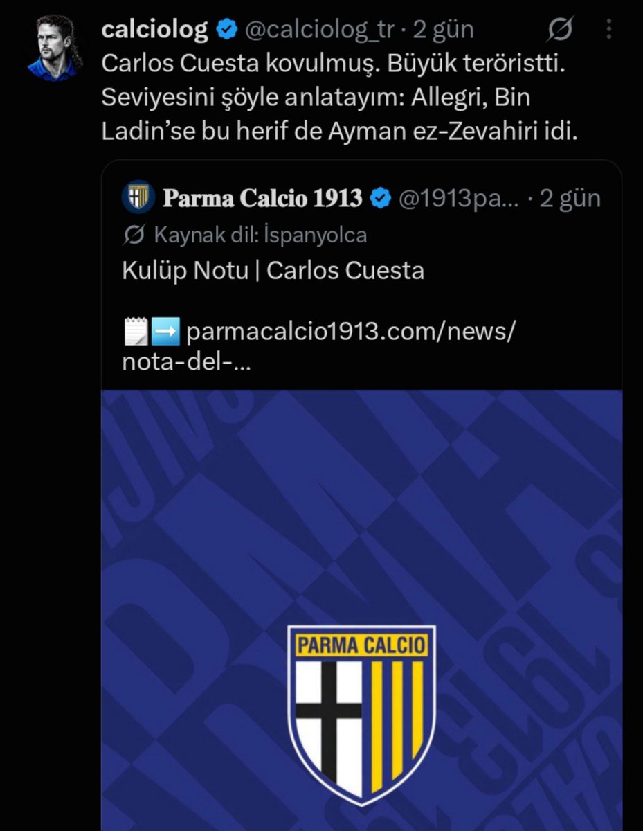 signoremustafa's tweet photo. Aksini düşünüyorum ve yorumların altında Parma taraftarı olanlar ve olmayanlar bile Cuesta'nın kovulmasını saçma buluyor.

Yorumlardan birkaç tanesini bırakıyorum.

"En az suçlu olan bedelini ödüyor. Takımı dağıttınız, bazı kilit oyuncuları hiç tanınmayan isimlerle değiştirdiniz. Guardiola ya da Klopp olsa bile Serie B’ye düşersiniz."

"Bir takımı dağıttınız; geçen yıl yaptıkları için ona bir heykel dikmeniz gerekirken, ona daha da kötü bir takım verdiniz."

"Bu çok saçma! Elindeki imkanlarla elinden gelenin en iyisini yaptı. Onun oyun tarzına uygun bir oyuncunuz yok."