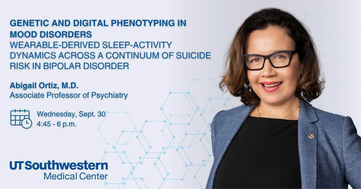 UTSWScience's tweet photo. If you're attending the International Society of Bipolar Disorders @ISBD4 Annual Meeting in Vancouver, be sure to check out Dr. Abigail Ortiz's presentation: Wearable-derived sleep-activity dynamics across a continuum of suicide risk in #bipolardisorder. #ISBD2025 https://t.co/rZzHSxuCW2