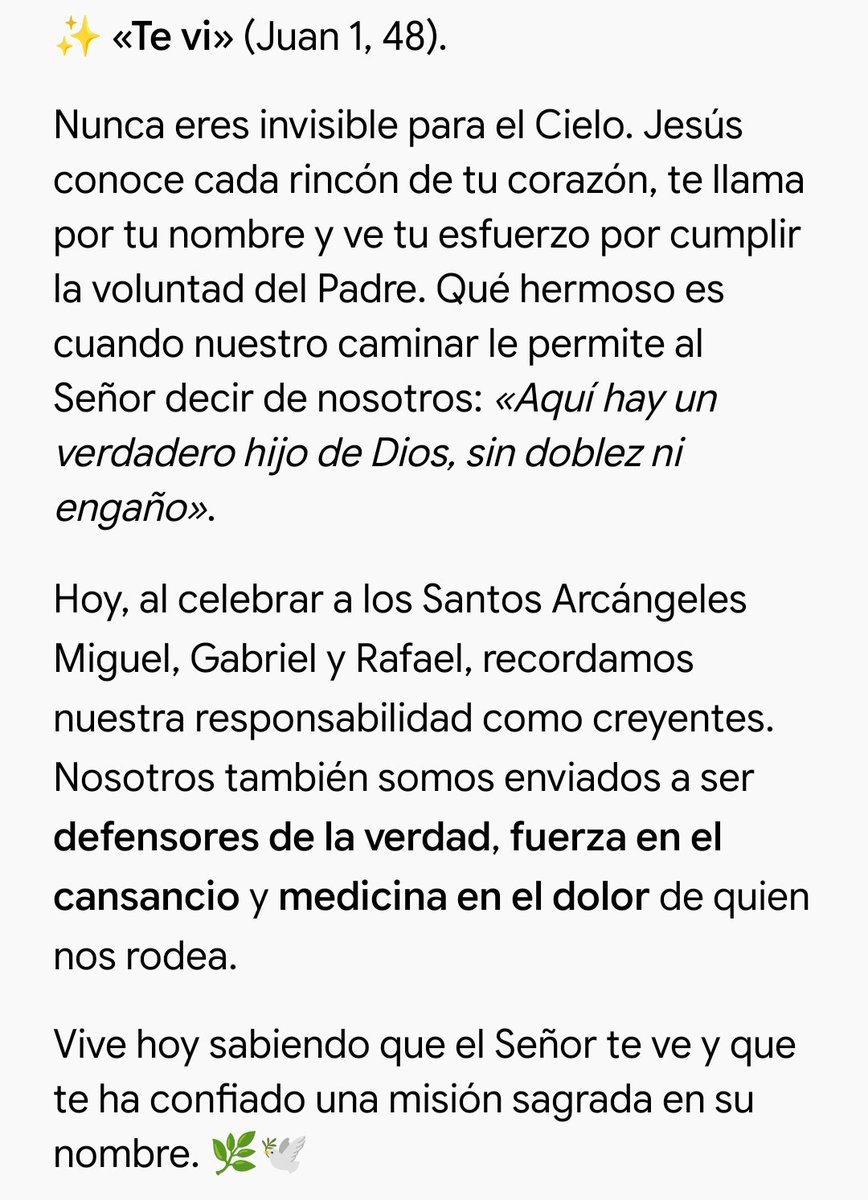 lic_luisatorres's tweet photo. ✨ «Te vi» (Juan 1, 48).
Nunca eres invisible para el Cielo. Jesús conoce cada rincón de tu corazón, te llama por tu nombre y ve tu esfuerzo por ...
#EvangelioDeHoy #Juan1 #TeVi #SantosArcangeles #SanMiguelArcangel #SanGabrielArcangel #SanRafaelArcangel #LectioDivina https://t.co/XotReGNrMd