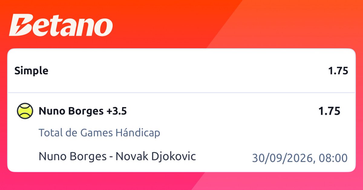 TenisHcapPro's tweet photo. 1️⃣ Nuno Borges vs. Novak Djokovic
🎯 Pick: Nuno Borges +3.5 Games
💰 Cuota: 1.75 en Betano
💡 En su único duelo previo cayeron 7-6 y 6-4, cubriendo este hándicap sin problemas. Buena opción para aprovechar el ritmo de entrada de Nole en 1R.
🎾💰¡A cobrar con la jornada del 30/09!