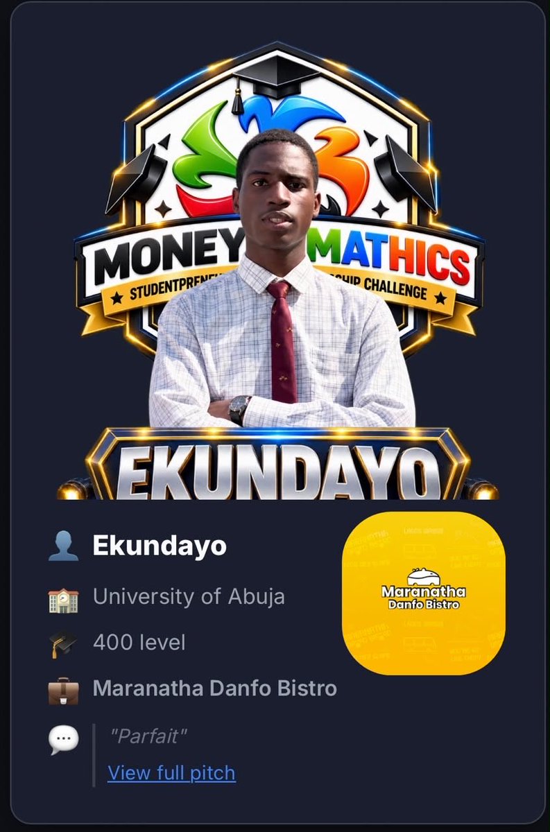 Emmy_Sculpt's tweet photo. I’M YOUR VOTE AWAY FROM A MILLION NAIRA BUSINESS GRANT…. AND VOTING IS TOTALLY FREE!

Cast in your vote for Ekundayo (Maranatha Danfo Bistro) in the moneymathics business challenge. 
https://t.co/kDIy3QkMsf https://t.co/FvnGgJz3sU