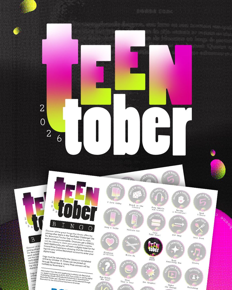 boonelibrary's tweet photo. Ready for a challenge? Take on TeenTober October 1–31! 📗 Teens in grades 6–12 can complete activities and log them in the Beanstack Tracker app. Complete BINGO, stop by the library to collect a prize (while supplies last)!

➡️ Visit https://t.co/zw72hdGUXZ to get started! https://t.co/QS5F9D6ZYs
