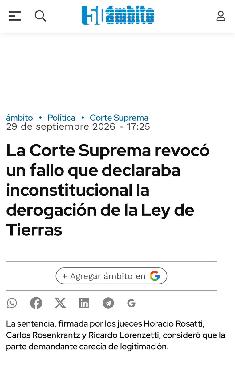 lucampora's tweet photo. ‼️ Esto es GRAVÍSIMO. La Corte acaba de dejar firme la derogación de la Ley de Tierras por simple decreto de Milei. 

Se acuerdan de la demanda del CECIM La Plata contra el DNU 70? Bueno, dice la Corte que los combatientes de Malvinas no tienen legitimación para defender la soberanía. 

El pueblo logró frenar la derogación de la ley en el Senado. Pero como la ley no salió, sale el fallo.

Esta es la Corte de Milei. Indignos empleados del poder.