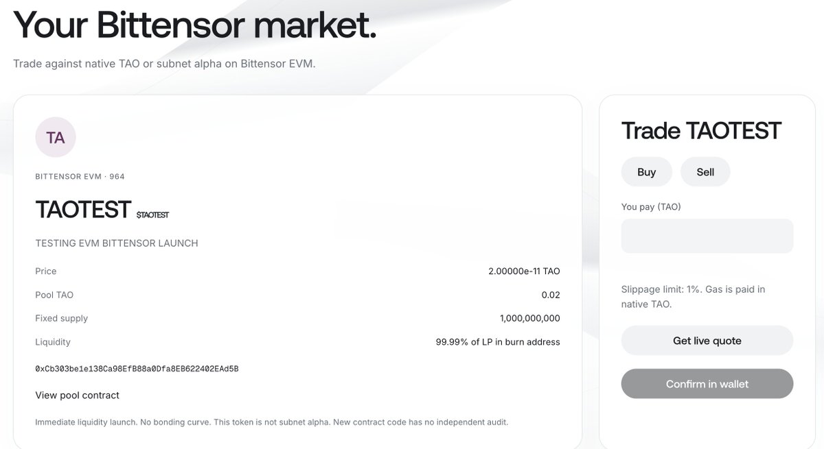 taolaunch's tweet photo. Contrary to the rumors, TAOLaunch supports token launches directly on Bittensor EVM and not just Robinhood Chain.

Our latest test launch is on TAO, with native TAO liquidity. Verify it on-chain:
https://t.co/ZeDrELuq44

0xCb303be1e138Ca98EfB88a0Dfa8EB622402EAd5B

The transaction speaks for itself.
