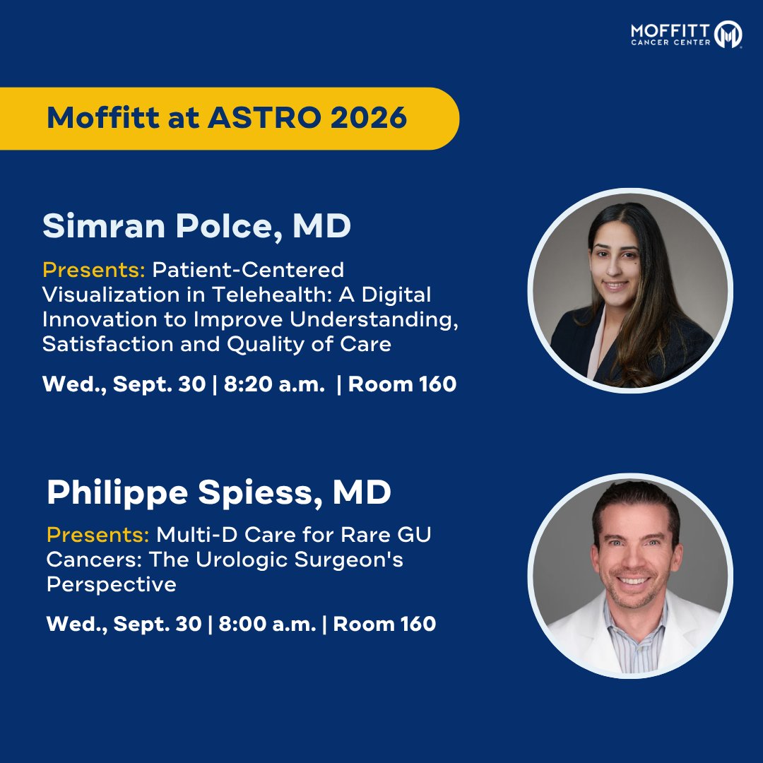 MoffittNews's tweet photo. Happening at #ASTRO26: Join Simran Polce, MD (@SimranPolce) and Philippe Spiess, MD (@SpiessPhilippe) as they discuss patient-centered telehealth and multi-d care for rare GU cancers.

Learn more: https://t.co/YjYazh3Lc7
#MoffittASTRO26 https://t.co/zyABB2UZDE