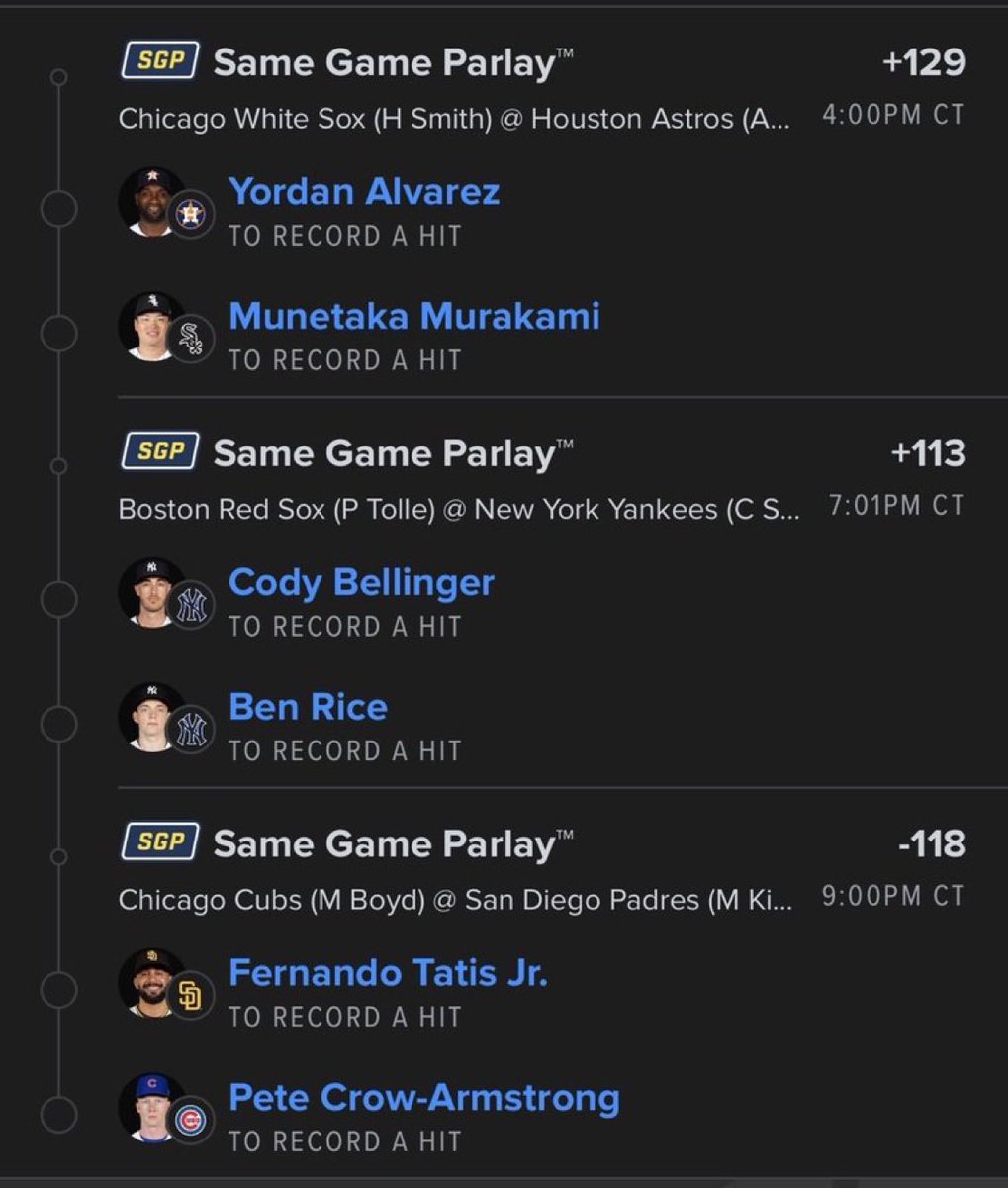 BiggestShy's tweet photo. 🔥⚾️ MLB HIT PARLAY — 6 LEGS 💰🔥

🎯 Yordan Alvarez — TO RECORD A HIT
🎯 Munetaka Murakami — TO RECORD A HIT

🎯 Cody Bellinger — TO RECORD A HIT
🎯 Ben Rice — TO RECORD A HIT

🎯 Fernando Tatis Jr. — TO RECORD A HIT
🎯 Pete Crow-Armstrong — TO RECORD A HIT

💎 3 SAME GAME https://t.co/hFNt34jrVd