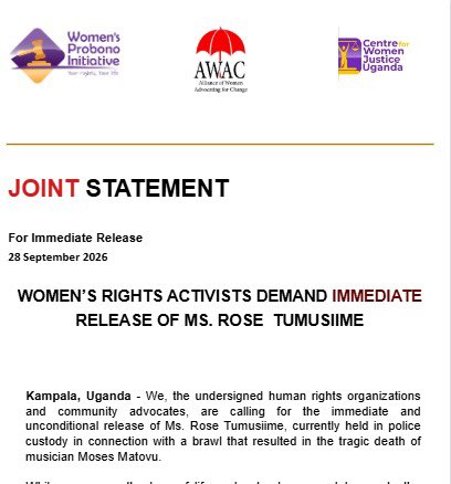 awacuganda's tweet photo. We choose NOT to stay silent in the face of an injustice! 
Today we join women’s rights organizations and allies to demand the immediate release of Rose Tumusiime or her prompt presentation before court. Justice must be based on evidence, not stigma or discrimination. Women deserve dignity, due process and equal protection under the law. ✊🏽

Full statement can be found on the link below!
https://t.co/CWEhMzS3TP

#JusticeForRoseTumusiime