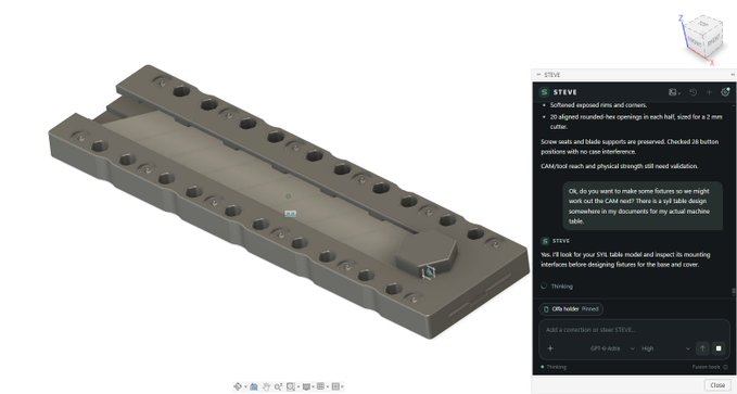 Screenshot of a 3D CAD model interface showing a long rectangular mechanical part with multiple holes, alongside an AI chat with 'STEVE' discussing the SYIL table model design and CNC tool reach limitations.