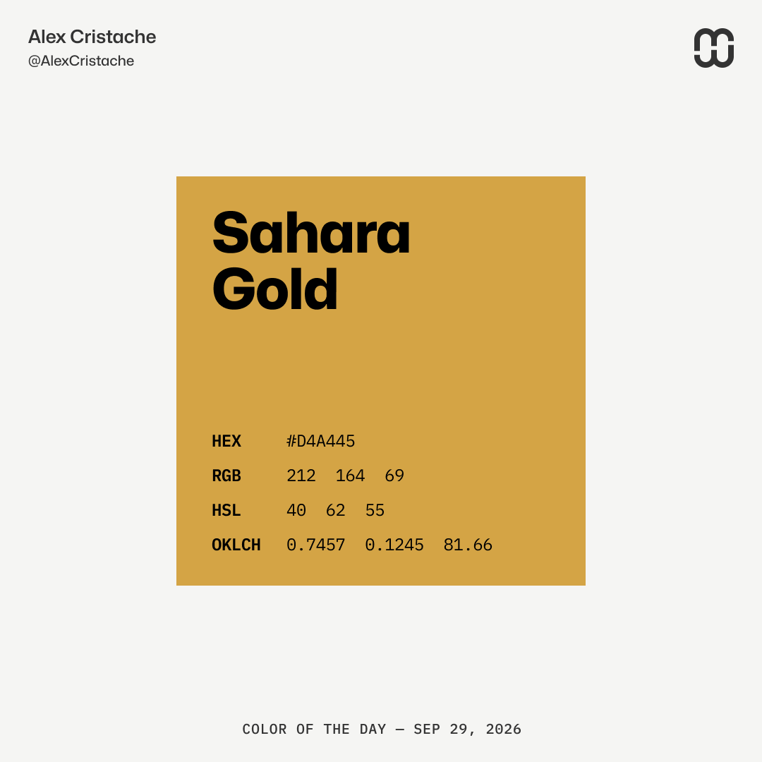 AlexCristache's tweet photo. "Sahara Gold" – D4A445 – is our Color of the Day.
...or what happens when you pack up all the treasures of the desert into a 580x580px color box.
#ColorOfTheDay #ColorInspiration https://t.co/nVD1JDn2FA