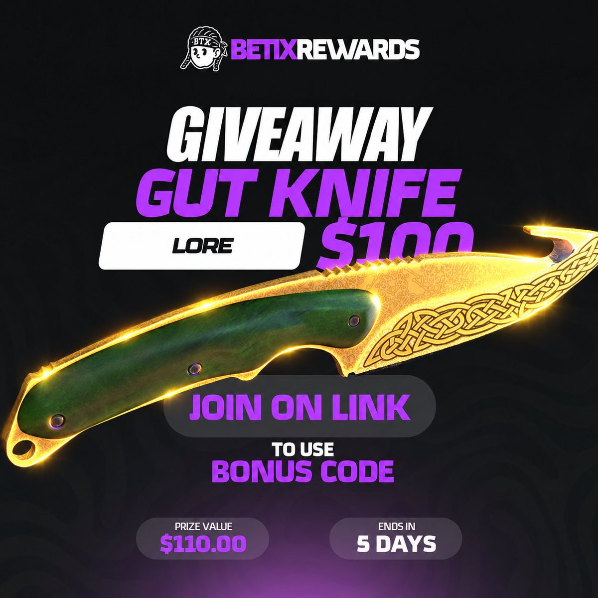 betixrewards's tweet photo. 🔥 GUT KNIFE | LORE GIVEAWAY 🔥
Want to win a Gut Knife | Lore? 🗡️✨

To enter:
✅ Follow @betixrewards & @DaddyskinsCSGO 
🔄 Retweet this post
👥 Tag 3 friends
🎁 Use promo code BETIX on DaddySkins
(https://t.co/XqNIiHUfoI)

That’s it! Good luck everyone 🫶🔥

🏆 Winner will be randomly selected!