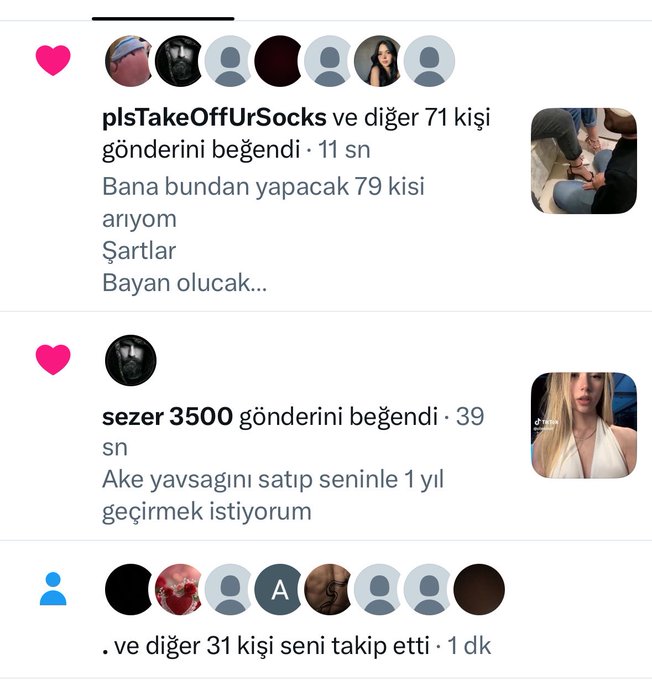 An Instagram notifications screen in Turkish, showing likes from 'plsTakeOffUrSocks' and 'sezer 3500' along with comments in Turkish, including one saying 'Ake yavşağını satıp seninle 1 yıl geçirmek istiyorum'.