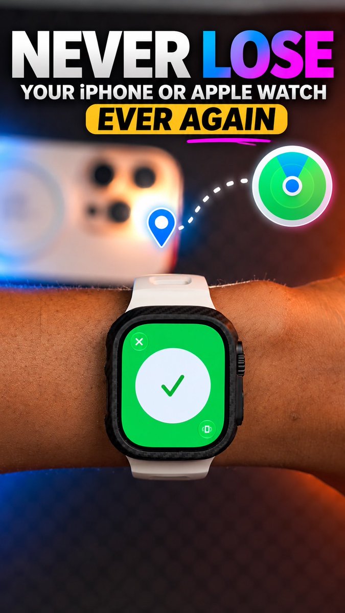 A thumbnail-style image showing an Apple Watch on a wrist displaying a green screen with a white checkmark, with the text 'NEVER LOSE YOUR iPHONE OR APPLE WATCH EVER AGAIN' at the top, alongside graphics of an iPhone, location pin, and AirTag.