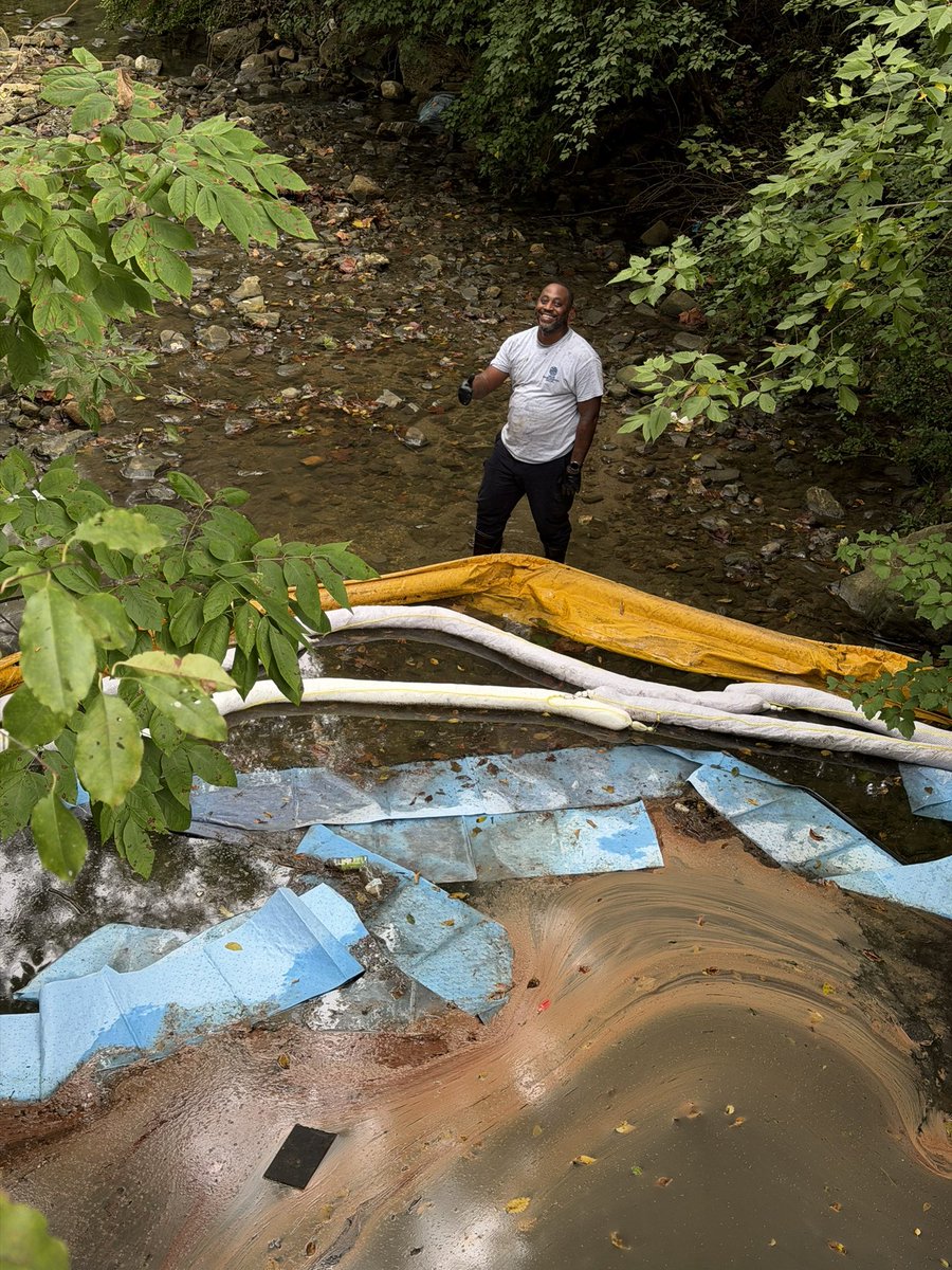 BaltCoGov's tweet photo. Containment and recovery efforts continue along the Long Quarter Branch tributary. 

Crews have walked accessible portions of Long Quarter Branch and are checking areas where fuel may have collected. They are also inspecting underground storm drainage lines with a camera.

Containment and sorbent booms are in place at several locations, and crews continue to recover fuel.

For more information, visit the FAQ page for updates: https://t.co/Tt43I6h1DK