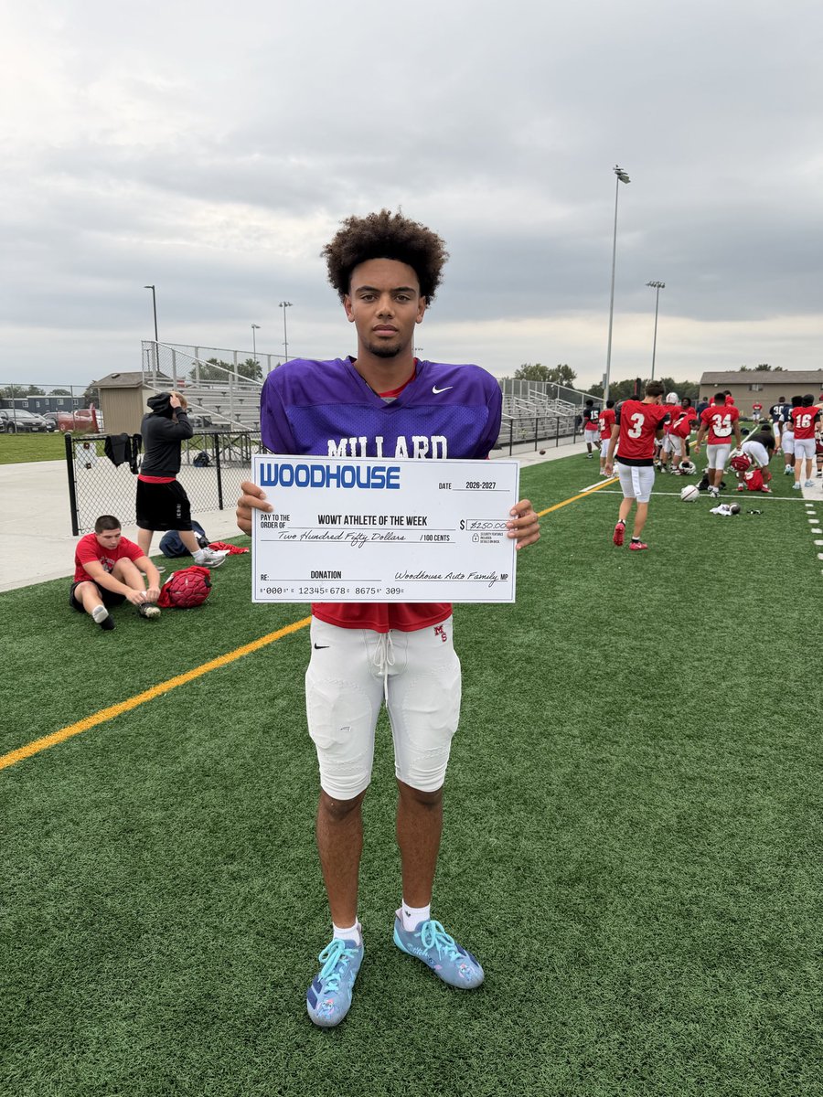MasonKernMedia's tweet photo. Trae Taylor (@Qb6Trae) has helped lead Millard South (@MSouthFootball) to a 5-0 start over stiff competition

The 5️⃣⭐️ QB and #Huskers commit threw for 295 yds + rushed for 133 yds — scoring 7 TDs in last week’s 49-47 win over Omaha North

He’s our @WOWT6News Athlete of the Week! https://t.co/c91mwFAb5c