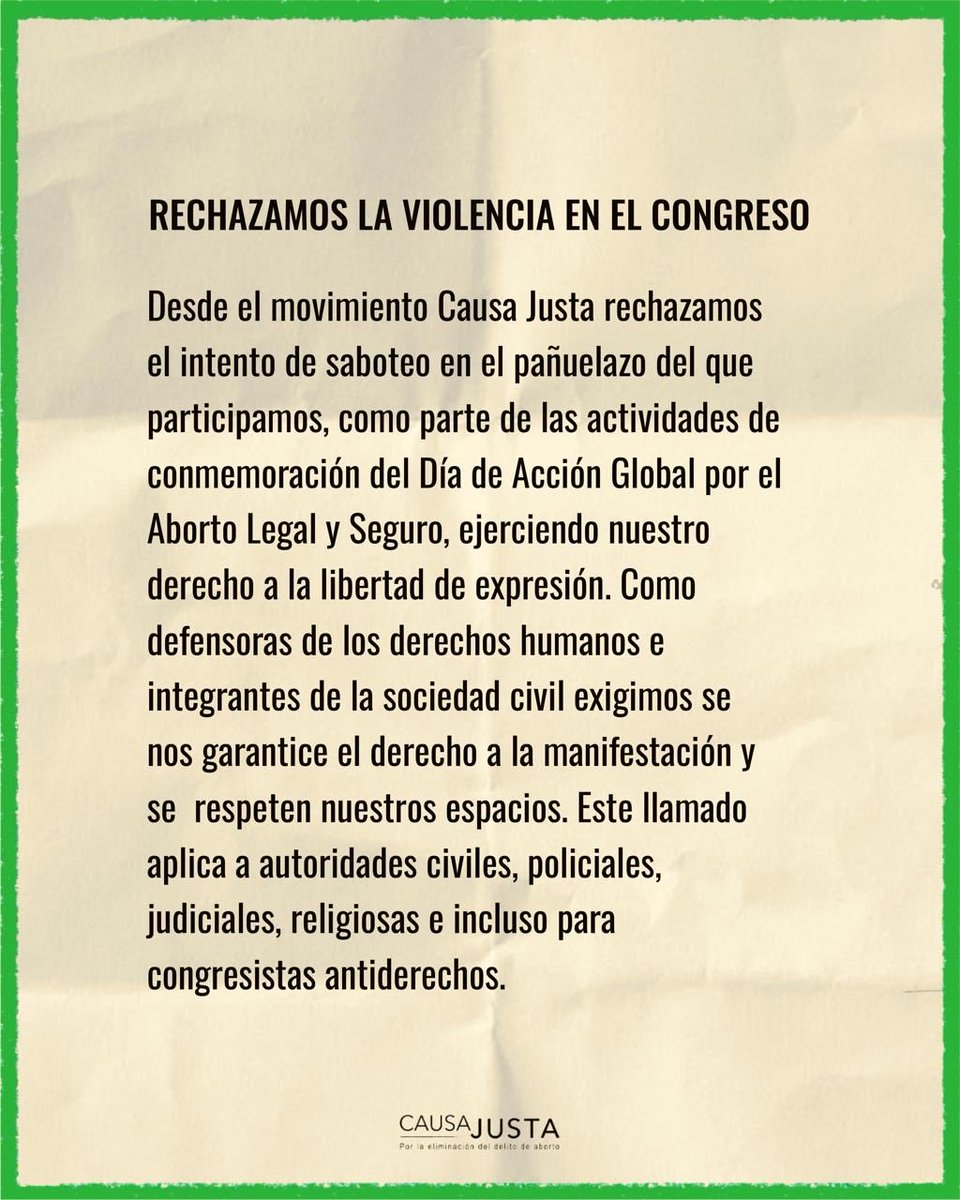 causajustaco's tweet photo. ⚠️ Desde el movimiento Causa Justa rechazamos el intento de saboteo en el pañuelazo del que participamos, como parte de las actividades de conmemoración del Día de Acción Global por el Aborto Legal y Seguro, ejerciendo nuestro derecho a la libertad de expresión 👇🏼 https://t.co/J7X80cVVfA
