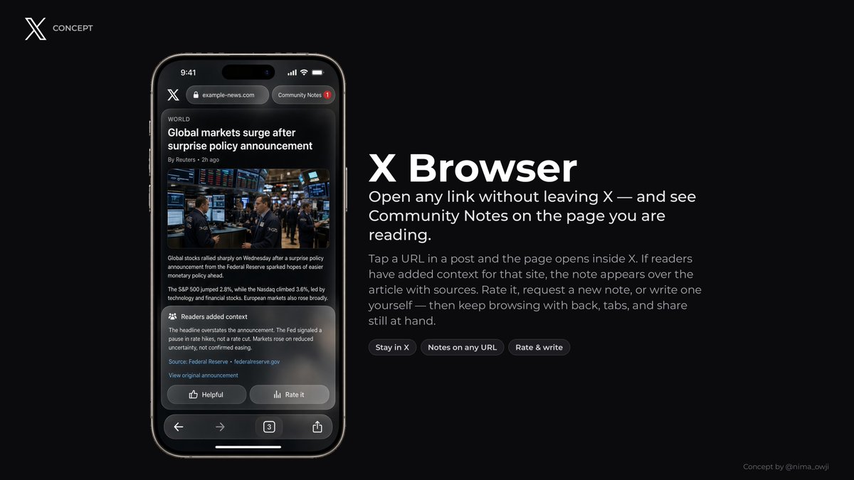 nima_owji's tweet photo. It’d be cool if X had an in-app browser, with Community Notes on any webpage!

Community Notes is a great feature and could be expanded and be available even OUTSIDE X!

I created a concept. What do you think? https://t.co/GsnWe2IKjn