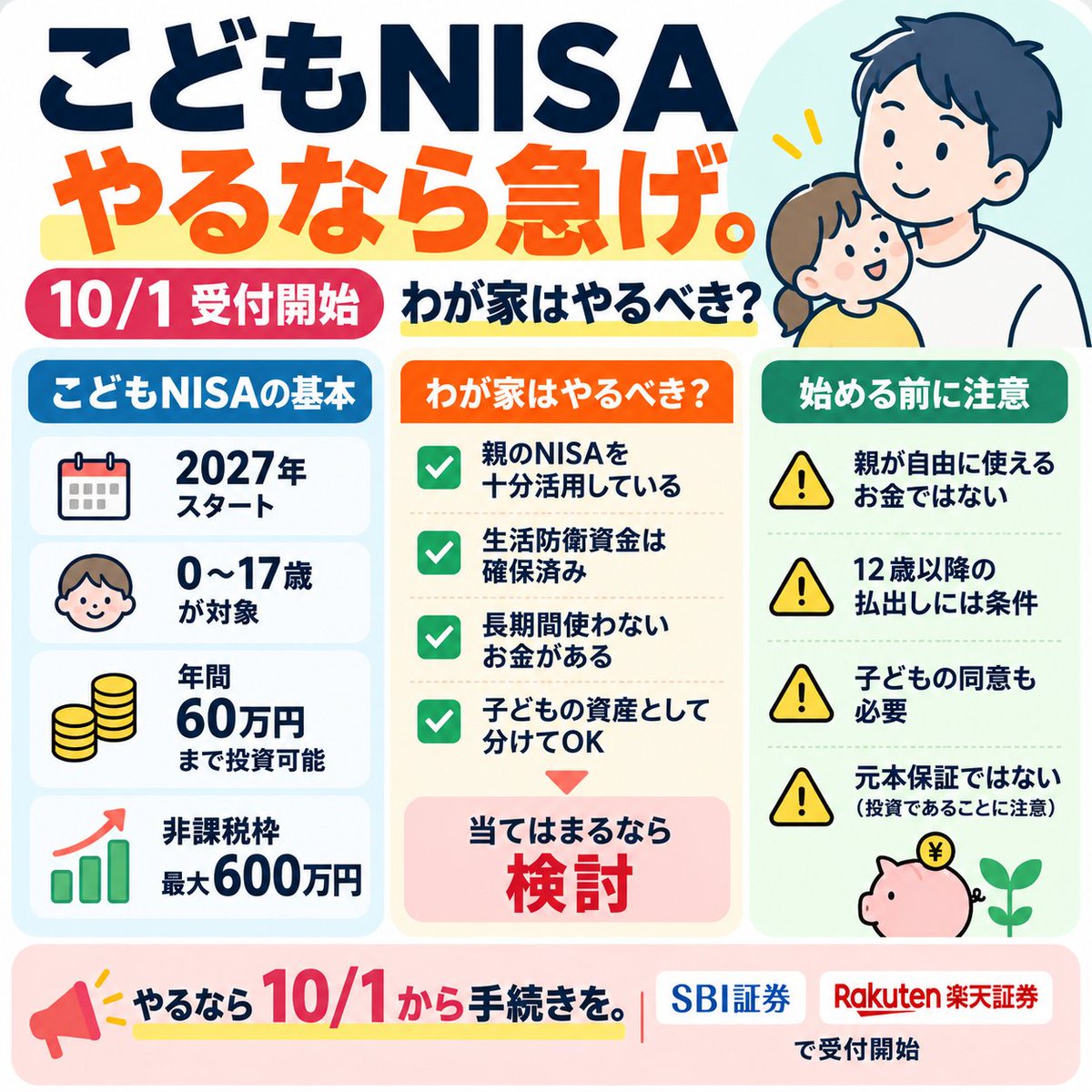 Dr_Optimize's tweet photo. こどもNISA、やるなら急げ。

明日10/1から、SBI証券・楽天証券で受付開始。

でも結局気になるのは、
「わが家はやるべき？」
・親のNISAより優先する？
・どんな家庭に向いてる？
・子どものお金、自由に引き出せる？

親目線で整理しました👇 https://t.co/DoxFzBketq