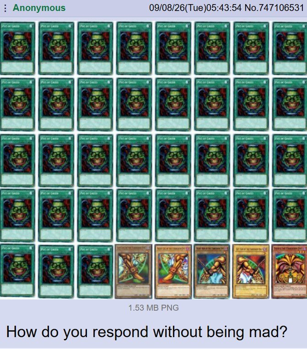 An anonymous post titled "How do you respond without being mad?" shows 37 copies of "Pot of Cards" alongside 5 popular spell cards, humorously mocking the absurd deck format. The image relates to the Yu-Gi-Oh! community meme where "Pot of Cards" replaced "Pot of Greed" due to unofficial card alterations, poking fun at how easily this joke deck can still be defeated by experienced players.