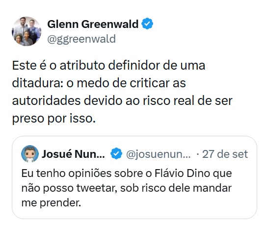 historia_pensar's tweet photo. Ninguém foi preso no Brasil por criticar Flávio Dino. E Glenn Greenwald está atacando diariamente o governo brasileiro há anos sem sofrer absolutamente nenhum tipo de represália.

Ainda assim, esse é o discurso que Glenn tem martelado de forma incessante para o seu público estrangeiro: a narrativa de que o Brasil é um regime ditatorial que persegue e prende opositores.

O discurso de Glenn está 100% alinhado à narrativa fantasiosa da extrema-direita e do governo Trump. E é um discurso que servirá para pavimentar o caminho de uma futura intervenção no Brasil.

É o mesmo script de demonização que sempre foi utilizado contra todos os países que os Estados Unidos atacaram e destruíram sob o pretexto de "levar democracia e liberdade" - do Iraque à Líbia, passando pelo Afeganistão e pela Venezuela.

É o discurso que eles vão apresentar para justificar mísseis caindo sobre as nossas cabeças, destruindo nossas cidades, massacrando nossas crianças. É o discurso usado para legitimar tropas estrangeiras invadindo, violentando, pilhando e saqueando nossos recursos.

Não dá mais para seguir relativizando os ataques de Glenn Greenwald ao nosso país como uma manifestação da "defesa irrestrita da liberdade de expressão".