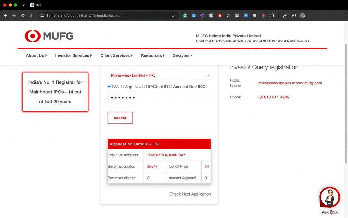 PradiptaMoney's tweet photo. Moneyview IPO allotment is out 👀Applied: 29,547 shares
Cut-off: ₹34
Allotted: 0 😭HNI application, but still ZERO allotment.IPO allotment really comes down to probability once the subscription gets crazy.
Anyone else got lucky with Moneyview? 👇
#MoneyviewIPO #IPO #IPOAllotment #StockMarket #Investing #India
