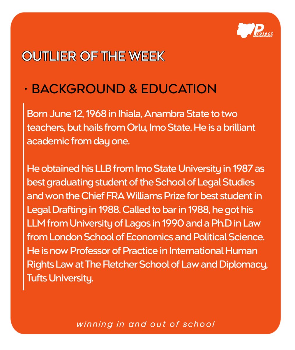 Project_Nig_Stu's tweet photo. He didn't just fight power. He built the tools to check it. ⚖️

Our Outlier of the Week is Prof. Chidi Odinkalu — a symbol of Excellence, Courage &amp; Impact.

Swipe to know more about him 👉

#OutlierOfTheWeek #ProjectNigerianStudent #WinningInAndOutOfSchool

1/2 https://t.co/ECWgT1k8Th