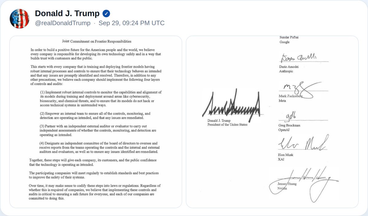 trumptruthsbot's tweet photo. TRUMP: Posts White House accord committing Google, Anthropic, Meta, OpenAI, XAI and Nvidia to four layers of AI controls and audits https://t.co/vFTJ59EKHX