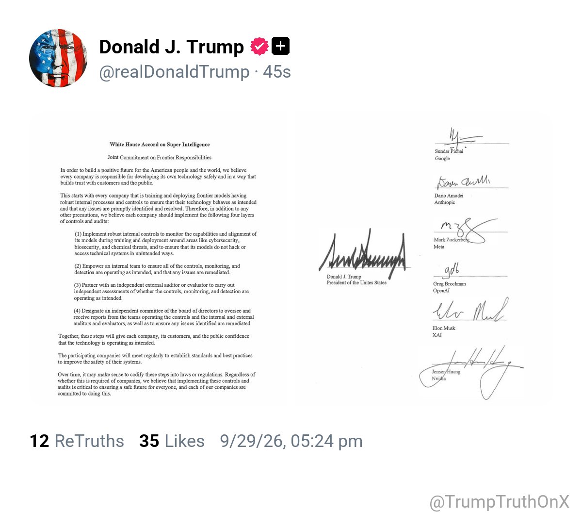 TrumpTruthOnX's tweet photo. New media post from Donald J. Trump

( TS: Sep 29 2026, 5:24 PM ET )​​​​​​​​‍‌​​​‍‍‍‍‍‌​‌‍‍‍​​‌‍​‌‌‍‍‌‍​​‍‍‍‍​‍‌ https://t.co/oQbSge5wwU