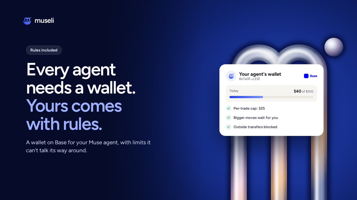 MuseliFi's tweet photo. Every AI agent is going to need a wallet.

The question is who sets the rules.

On museli, you do:
→ daily cap
→ per-trade cap
→ approvals for anything bigger

Your Muse agent gets a wallet on @base. You keep the final say. https://t.co/f1UZZj68PI