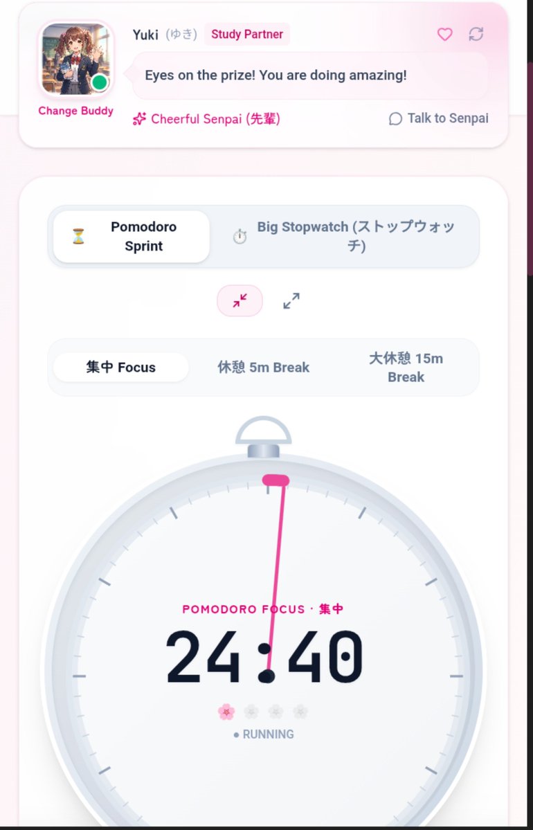 FAKEHAFIRDi1's tweet photo. Built a little study companion for focused sessions 🌸⏱️

Pomodoro + anime study partner + progress tracking, all in one place.
Still building, still improving, but this is the direction I’m taking it.

Would you use this to study? 

#BuildInPublic #StudyApp #AI #StudentDeveloper https://t.co/k6vSoDSgYY