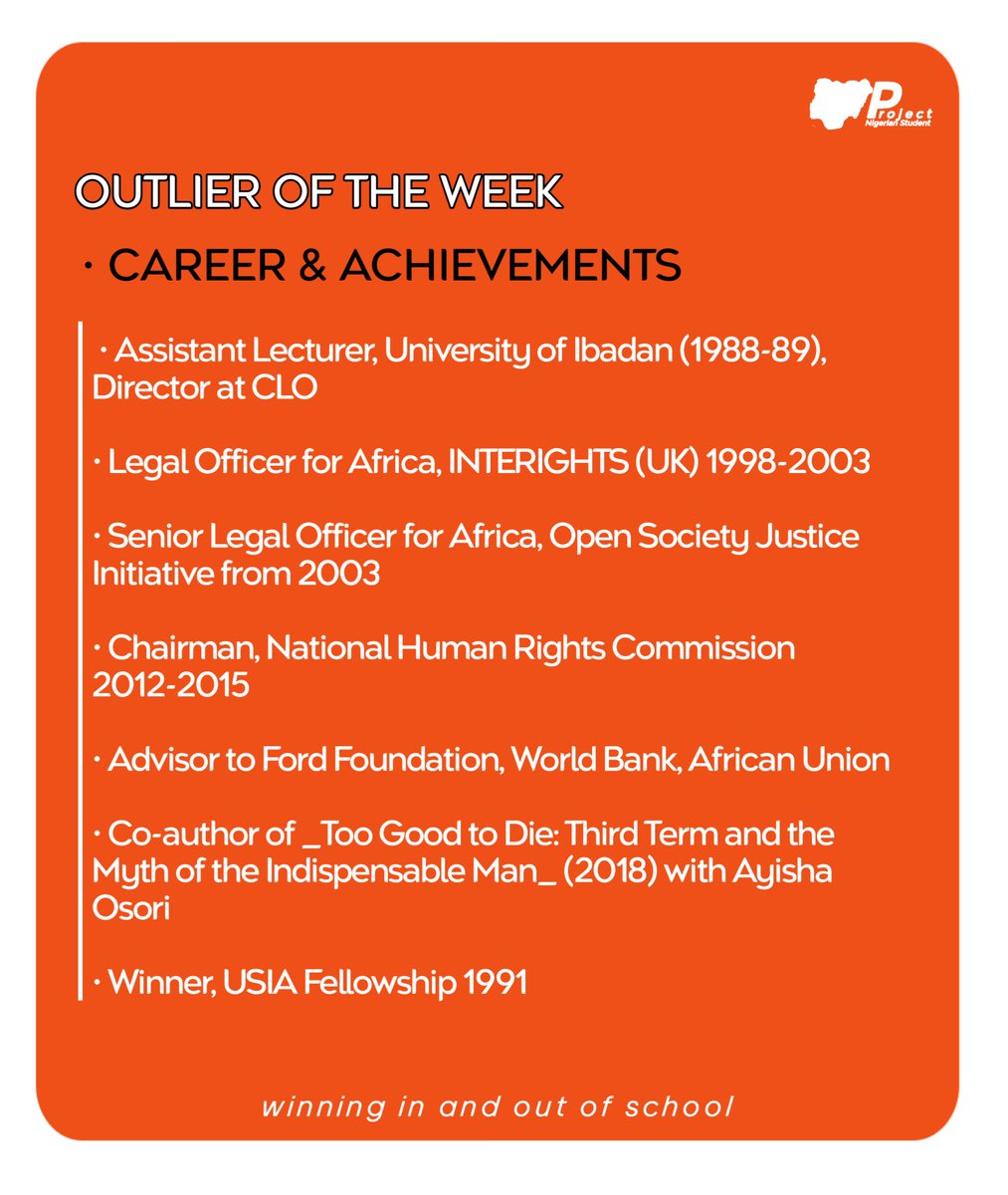 Project_Nig_Stu's tweet photo. He didn't just fight power. He built the tools to check it. ⚖️

Our Outlier of the Week is Prof. Chidi Odinkalu — a symbol of Excellence, Courage &amp; Impact.

Swipe to know more about him 👉

#OutlierOfTheWeek #ProjectNigerianStudent #WinningInAndOutOfSchool

1/2 https://t.co/ECWgT1k8Th