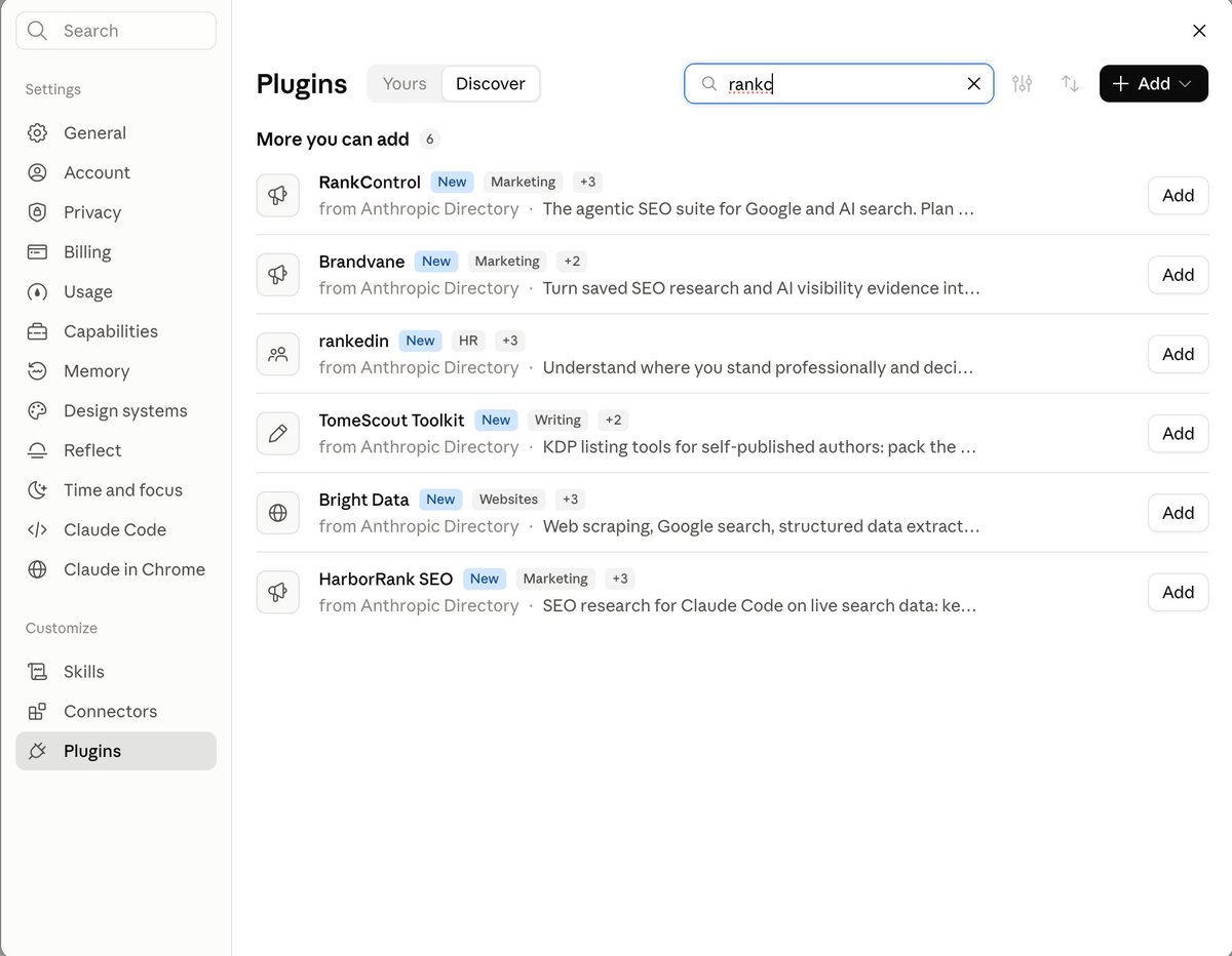 rctrlcom's tweet photo. The RankControl Claude plugin is now approved in the Claude directory!

Here's how to add it to your Claude, step by step:

1. Open https://t.co/Ip2WSo30rv or the Claude app and go to Settings.
2. Click Plugins and search for "RankControl".
3. Click Add, then start managing your RankControl account by chatting with Claude.