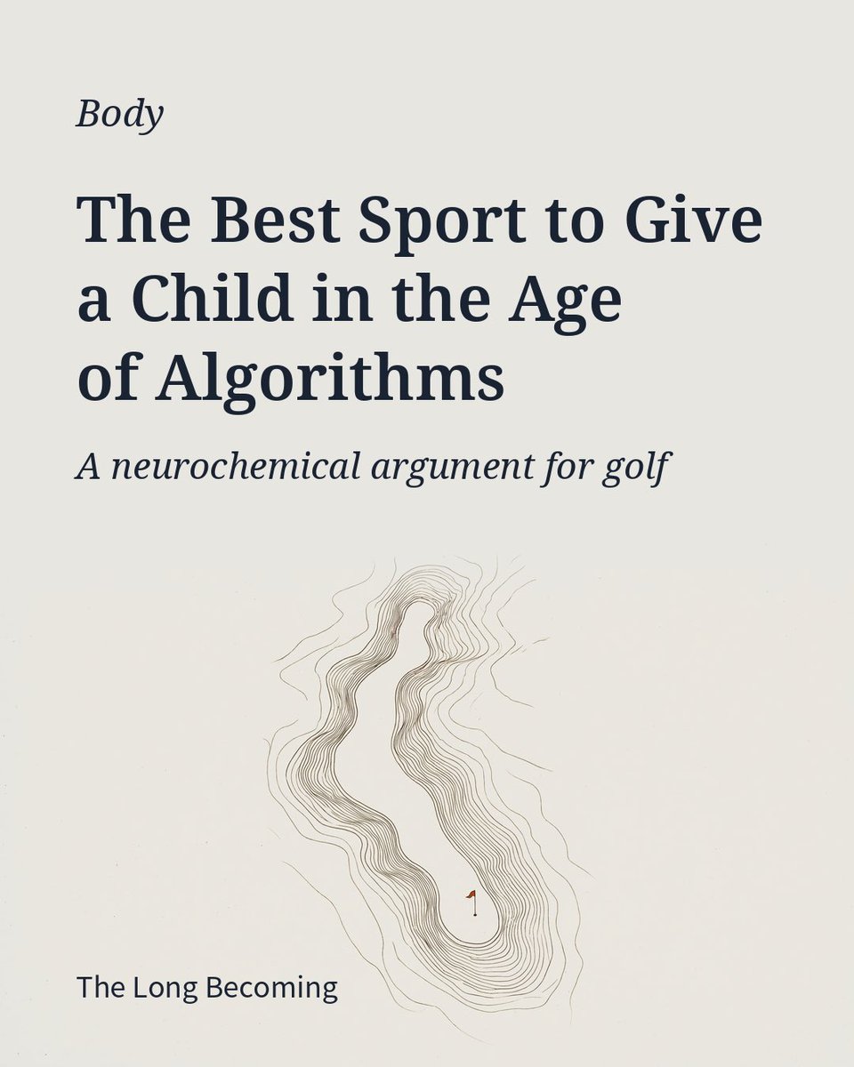 TheLongBecoming's tweet photo. The algorithm hands out the marshmallow first. Golf makes a child wait four hours for it.

Feeds tune young brains toward immediacy. Golf tunes them back — fail, process, continue.

The neural architecture of resilience, built one round at a time. 🧵 https://t.co/BBHUTDfeyT