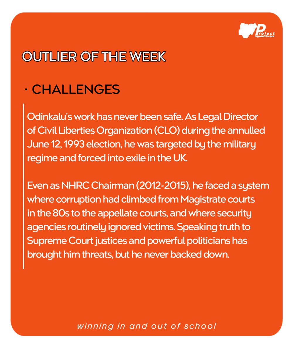 Project_Nig_Stu's tweet photo. He didn't just fight power. He built the tools to check it. ⚖️

Our Outlier of the Week is Prof. Chidi Odinkalu — a symbol of Excellence, Courage &amp; Impact.

Swipe to know more about him 👉

#OutlierOfTheWeek #ProjectNigerianStudent #WinningInAndOutOfSchool

1/2 https://t.co/ECWgT1k8Th