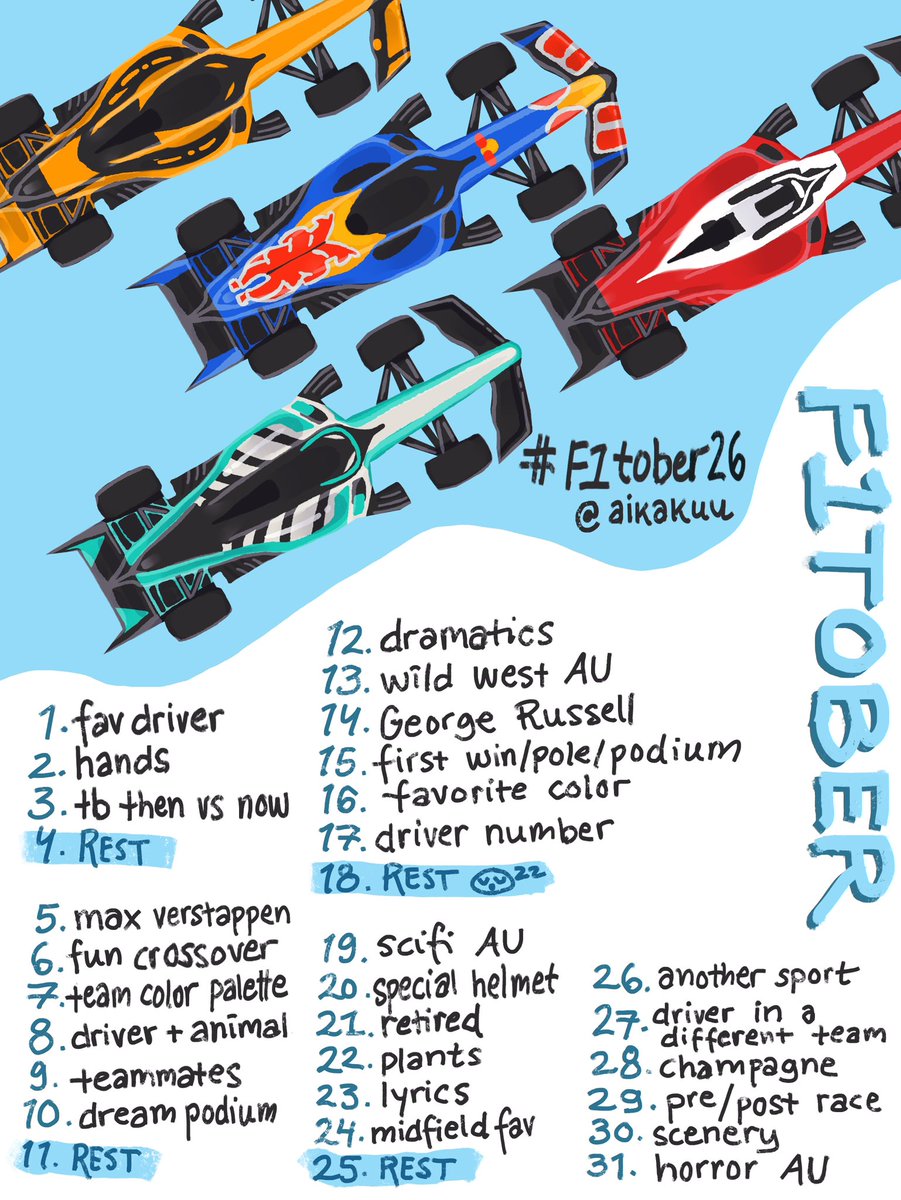 aikakuu's tweet photo. #F1tober26 🏎️

here's my F1 themed prompt list for october 2026! 

no rules really; any mediums welcome, use this list however you want, do as many or as little as you like. the prompts mean whatever you want them to mean🩵 https://t.co/4JoRPhQuK2