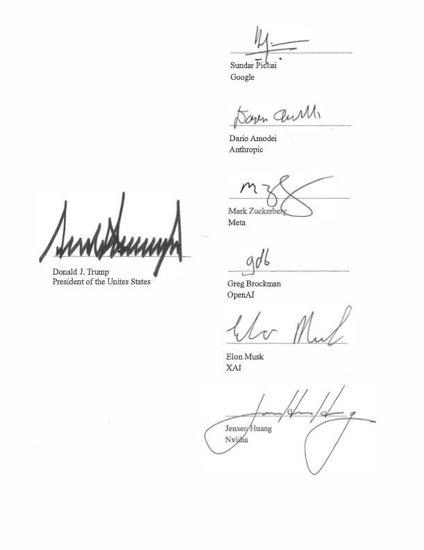 jesseyjay94's tweet photo. 🚨President Trump released (and signed) the White House Accord on Super Intelligence: Joint Commitment on Frontier Responsibilities today, after his White House lunch with major AI/tech CEOs.

It’s a voluntary industry pact, not a law. President Trump called it morally binding and almost like a constitution. 

The idea is self-policing plus layers of review so the U.S. can keep racing ahead on SI without a new global regulator. 

What the companies agreed to 👇 

Every company training/deploying frontier models should put four layers of controls in place:

1.  Internal controls during training and deployment — monitor capabilities and alignment, especially around cybersecurity, biosecurity, and chemical threats, and stop models from hacking or accessing systems in unintended ways.

2.  An internal team whose job is to make sure those controls actually work and that problems get fixed.

3.  An independent outside auditor/evaluator to check whether the controls and detection are operating as intended.

4.  An independent board committee that gets reports from the internal team and the external auditors and makes sure issues are remediated.

The companies also commit to meeting regularly to set standards and best practices. The text says these steps could later be written into law, but they’re presenting them as something the firms are already committed to doing.

Besides President Trump, here is who else signed: 

•  Sundar Pichai — Google
•  Dario Amodei — Anthropic
•  Mark Zuckerberg — Meta
•  Greg Brockman — OpenAI
•  Elon Musk — xAI
•  Jensen Huang — Nvidia