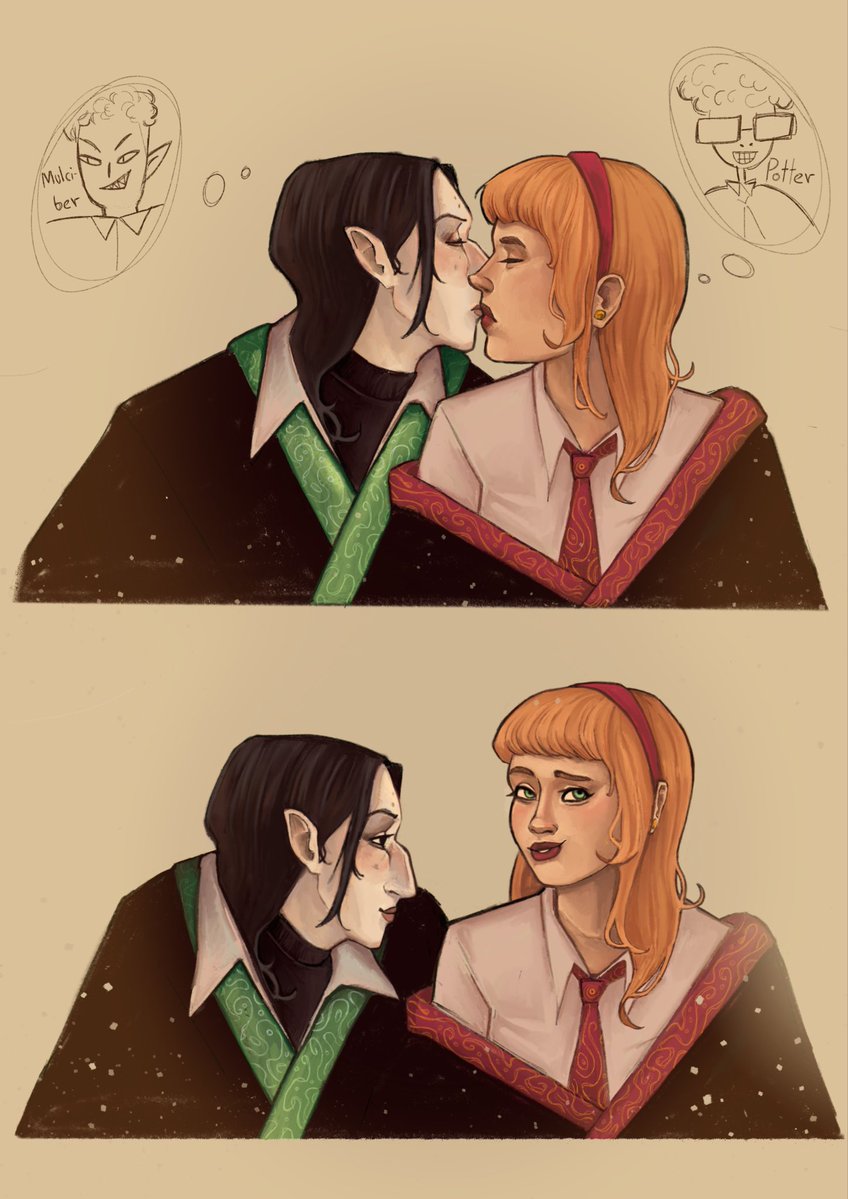 nunl33's tweet photo. Platonic Snily kiss (and also implied Snulciber and Jily?) 
#severussnape #lilyevans https://t.co/3lgchAG8IK