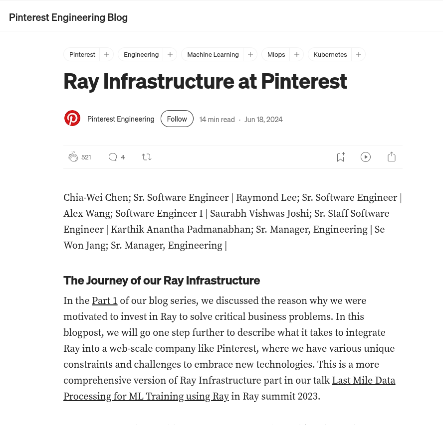 Hi_Mrinal's tweet photo. a cool old read on ai infra by pinterest engineering

learned a lot on integrating ray into the infrastructure and optimizing whole web scale around it 

https://t.co/Q2HGQ1CQXN https://t.co/HwjRklUdv8